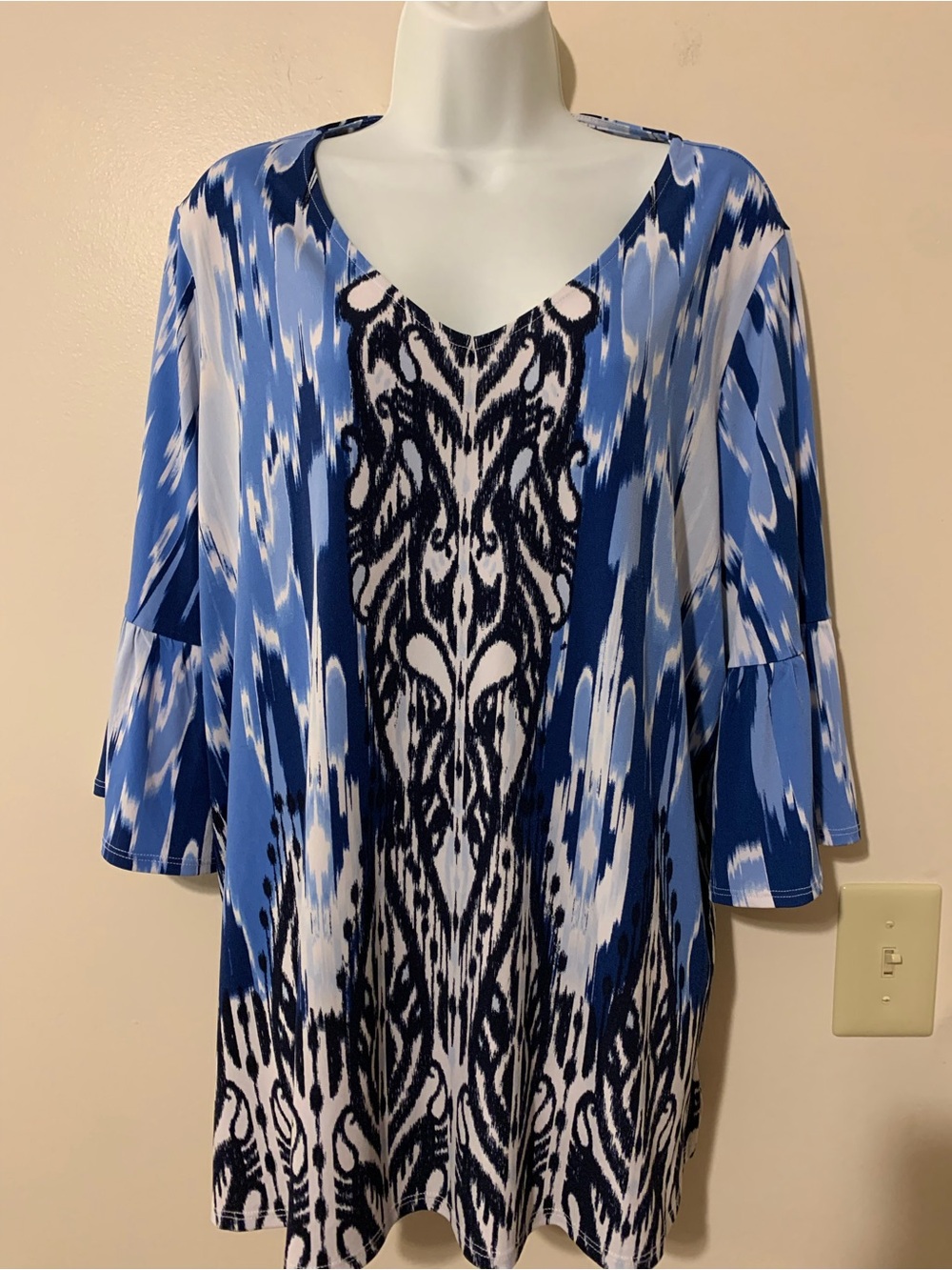 JM Collection Blue and White Ikat-Print Bell-Sleeve Tunic